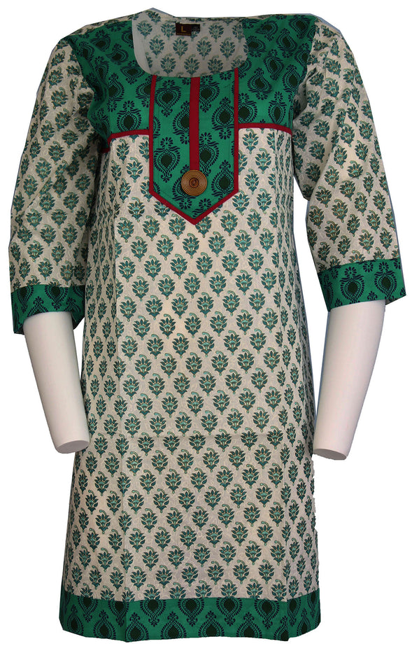 100% Cotton Round Neck Floral Design with Patch Work and Piping Long Kurti Kurta 3/4 Sleeves Tunic Top, Slit Open on side.