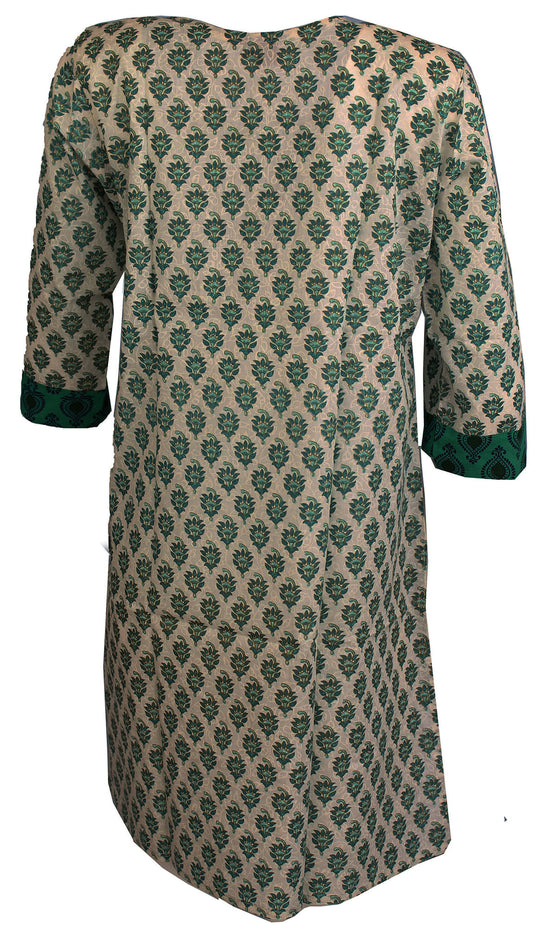 100% Cotton Round Neck Floral Design with Patch Work and Piping Long Kurti Kurta 3/4 Sleeves Tunic Top, Slit Open on side.