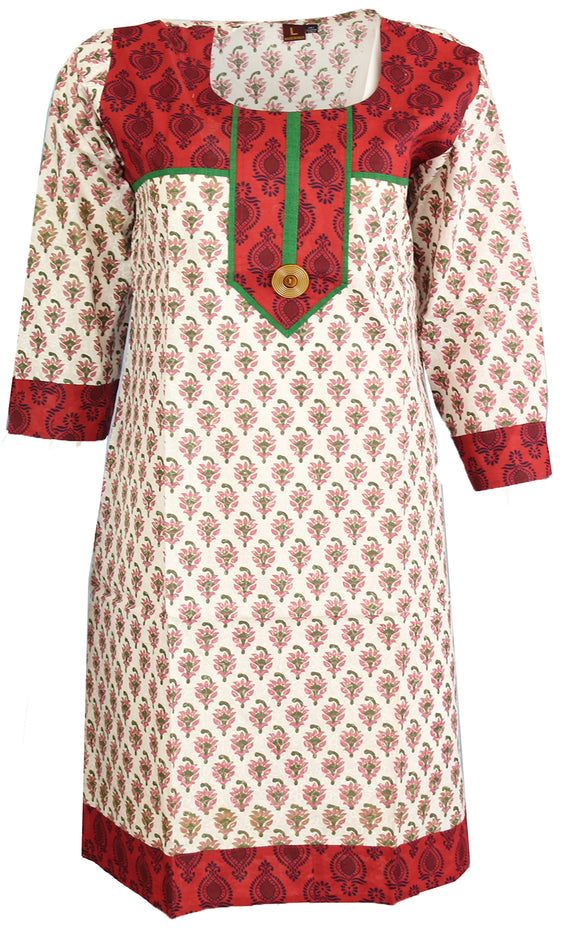 100% Cotton Round Neck Floral Design with Patch Work and Piping Long Kurti Kurta 3/4 Sleeves Tunic Top, Slit Open on side.