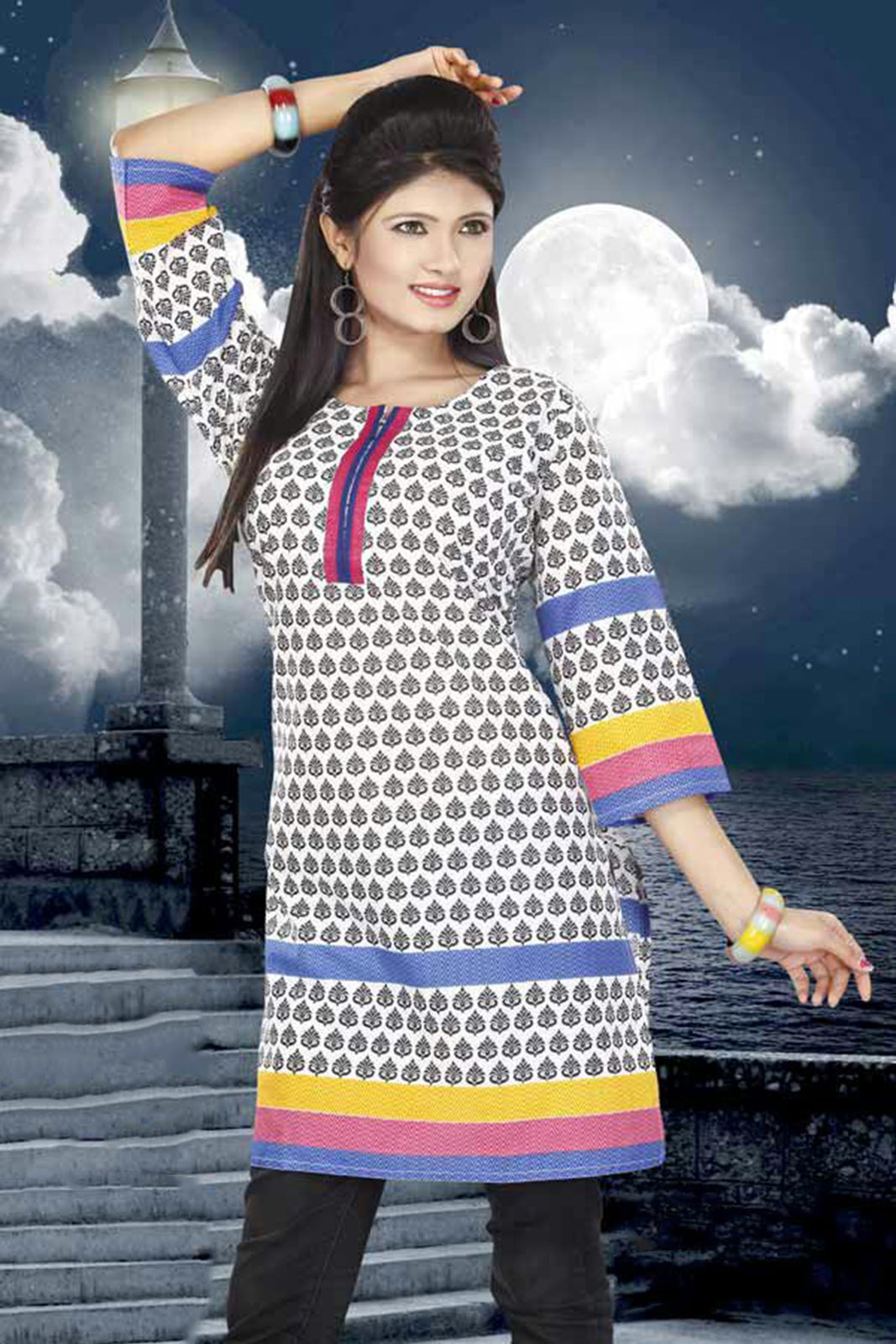 Tunic for Women Round Neck Vertical Stripes Long Kurti Kurta 3/4 Sleeves Tunic Top.