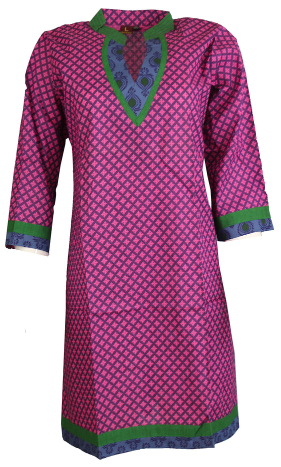 Tunic for Women Purple Kurti with Pink Square Floral Design Two Tone V-Neck Yoke, 3/4 Sleeves, Long Kurti, Kurta Tunic Top.