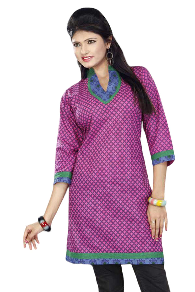 Tunic for Women Purple Kurti with Pink Square Floral Design Two Tone V-Neck Yoke, 3/4 Sleeves, Long Kurti, Kurta Tunic Top.