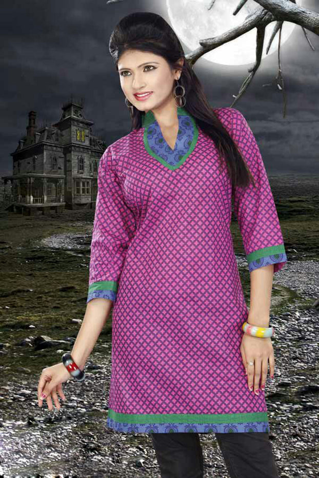 Tunic for Women Purple Kurti with Pink Square Floral Design Two Tone V-Neck Yoke, 3/4 Sleeves, Long Kurti, Kurta Tunic Top.