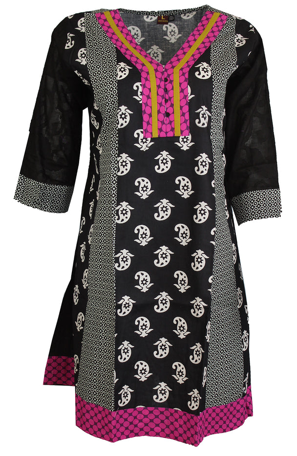 Tunic for Women Two Tone Mango Print Red V-neck with Green Piping Yoke, 3/4 Sleeves, Long Kurti, Kurta Tunic Top.