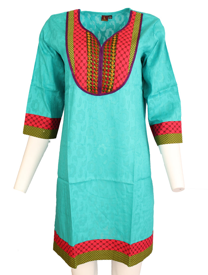 Tunic for Women V-Neck Embroidery, Multi Stripe Patchwork Yoke 3/4 Sleeves Long Kurti Kurta Tunic Top. Pink