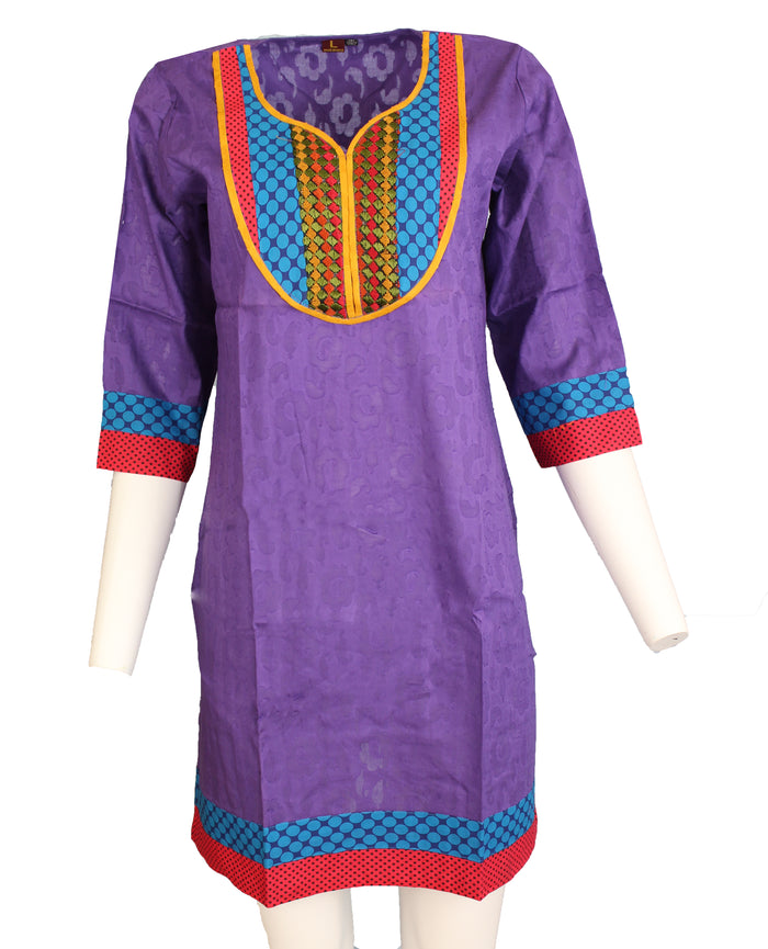 Tunic for Women V-Neck Embroidery, Multi Stripe Patchwork Yoke 3/4 Sleeves Long Kurti Kurta Tunic Top. Pink