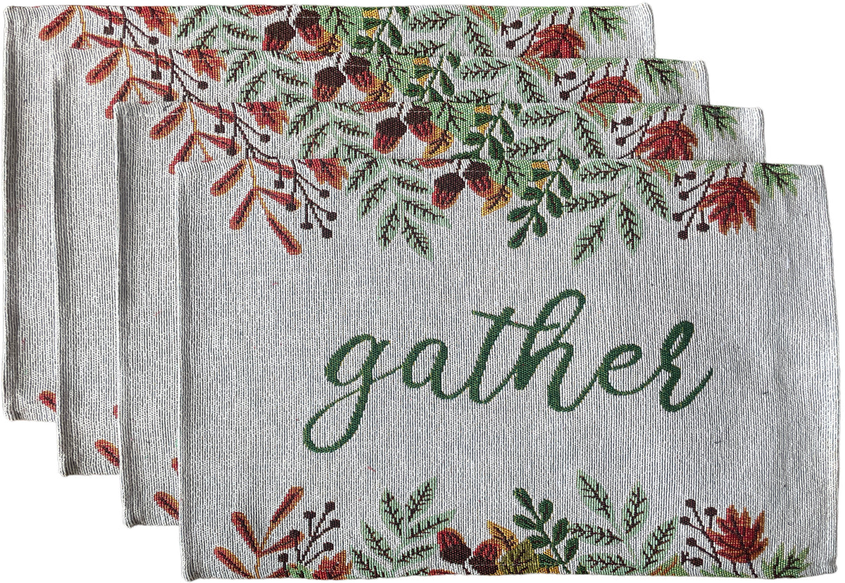 Set of 4, Harvest Collection with Gather with Leaf Design Tapestry Placemats. Dining Table, Table mat for Dining Room Easy to Clean, Machine Washable Size: 13” x 19”.