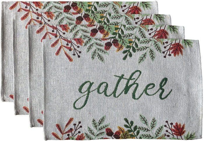 Set of 4, Harvest Collection with Gather with Leaf Design Tapestry Placemats. Dining Table, Table mat for Dining Room Easy to Clean, Machine Washable Size: 13” x 19”.