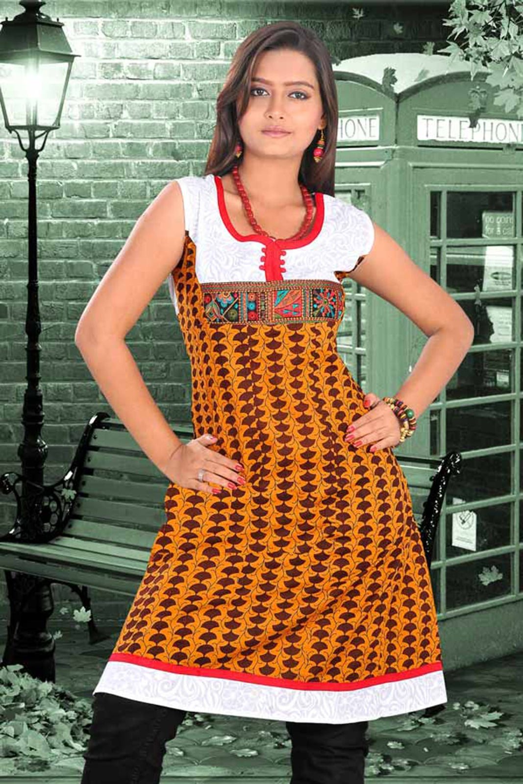 Tunic for Women White with Round Neck Piping and Embroidery Patchwork Sleeveless Tunic Top Kurti.