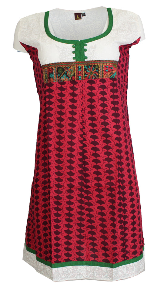 Tunic for Women White with Green Round Neck Embroidery Patchwork and Red Bottom Sleeveless Tunic Top Kurti.