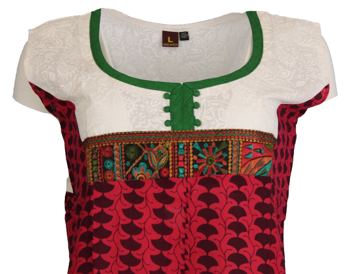 Tunic for Women White with Green Round Neck Embroidery Patchwork and Red Bottom Sleeveless Tunic Top Kurti.