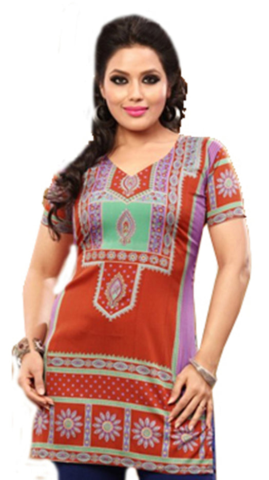 Indian Style Printed Kurtis for Women Short Crepe Kurti V-Neck, Short Sleeves Tunic Top Blouse. 1908-SS