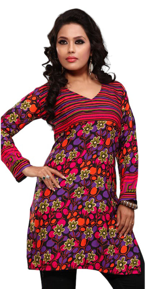 Tunic for Women Short Printed Kurtis Long Sleeves Crepe Kurti Kurta Tops - Mixed