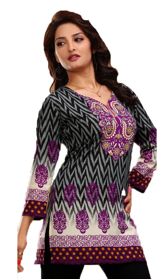 Tunic for Women Printed Short Crape Kurti Kurta V-Neck 3/4 Sleeves Tunic Top.