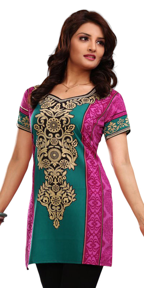 Indian Style Printed Kurtis for Women Short Crepe Kurti V-Neck, Short Sleeves Tunic Top Blouse. 1912-SS