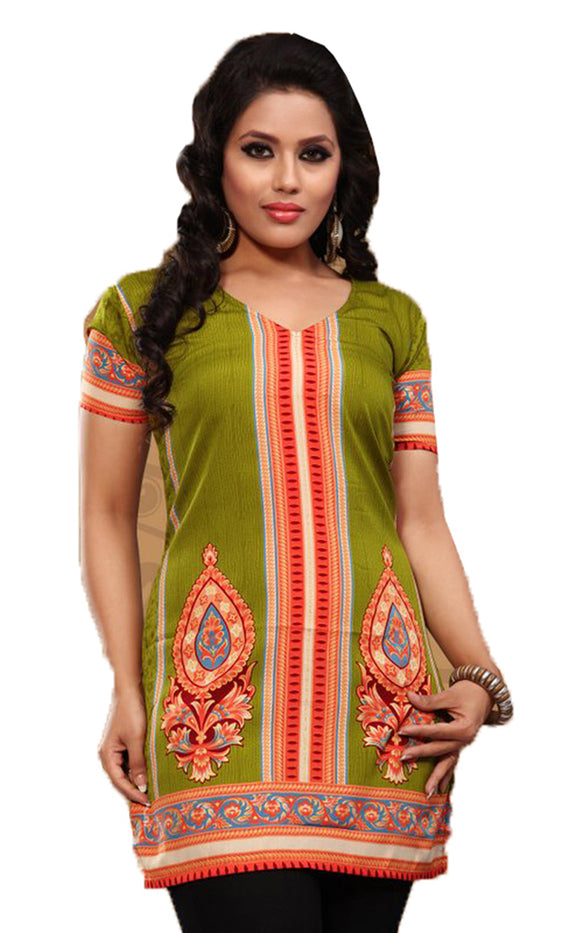 Indian Style Printed Kurtis for Women Short Crepe Kurti V-Neck, Short Sleeves Tunic Top Blouse. 1915-SS