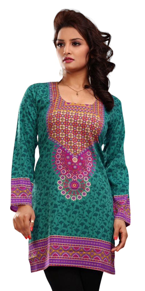 Tunic for Women Short Printed Kurtis Long Sleeves Crepe Kurti Kurta Tops - Mixed