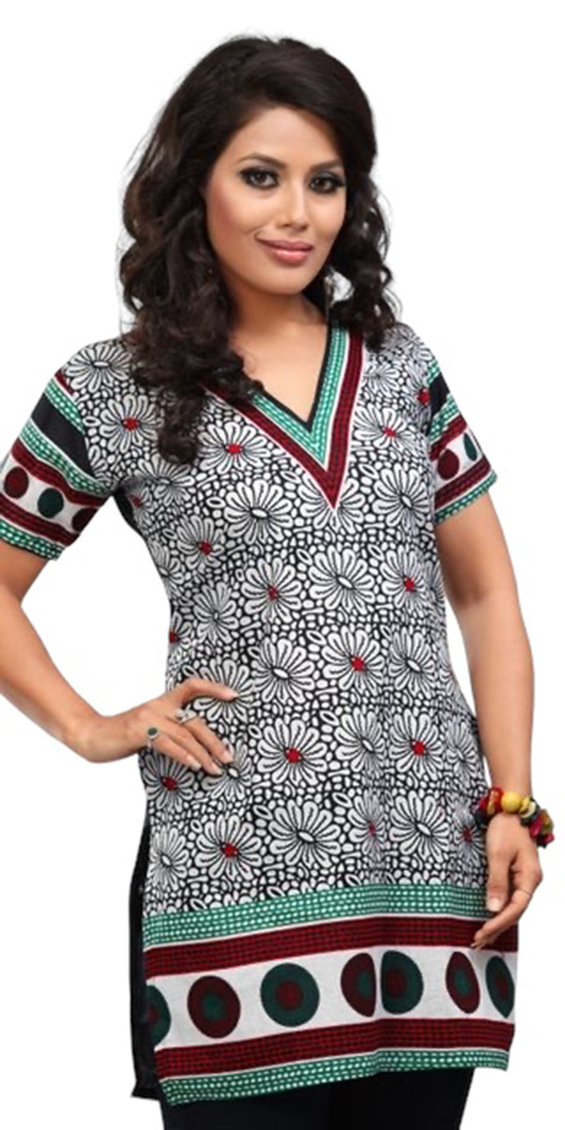 Indian Style 100% Cotton Printed Short Kurtis for Women V-Neck, Short Sleeves Tunic Top Blouse 1921-SS