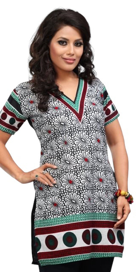 Indian Style 100% Cotton Printed Short Kurtis for Women V-Neck, Short Sleeves Tunic Top Blouse 1921-SS