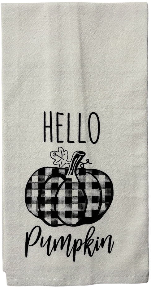 4 Pcs, Hello Pumpkin, Autumn Days are Finally here Design Fall Flour Sack Kitchen Towels with 2 Plaid/Gingham Check Kitchen Towels Size : 15" x 25".