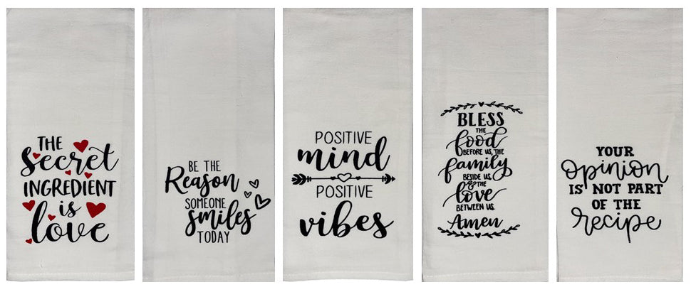 Set of 5, 100% Cotton Herringbone Inspire Positive Vibes family Kitchen Towels for Wedding, Baby Shower, Home Decor, Housewarming, Size: 15 X 25 Inch.