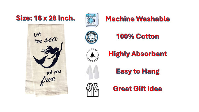 Let The sea Set You Free, Two Pcs 100% Cotton Coastal Nautical Flour Sack Kitchen Towels/DishTowels Size: 16 X 28 Inch.