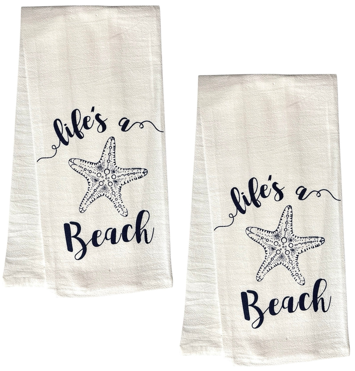 Life's a Beach Starfish, Two Pcs 100% Cotton Coastal Nautical Starfish Flour Sack Kitchen Towels/DishTowels Size: 16 X 28 Inch.