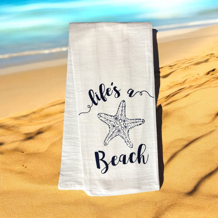 Life's a Beach Starfish, Two Pcs 100% Cotton Coastal Nautical Starfish Flour Sack Kitchen Towels/DishTowels Size: 16 X 28 Inch.