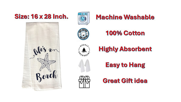 Life's a Beach Starfish, Two Pcs 100% Cotton Coastal Nautical Starfish Flour Sack Kitchen Towels/DishTowels Size: 16 X 28 Inch.