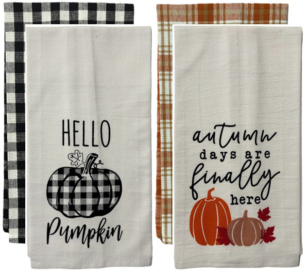 4 Pcs, Hello Pumpkin, Autumn Days are Finally here Design Fall Flour Sack Kitchen Towels with 2 Plaid/Gingham Check Kitchen Towels Size : 15" x 25".