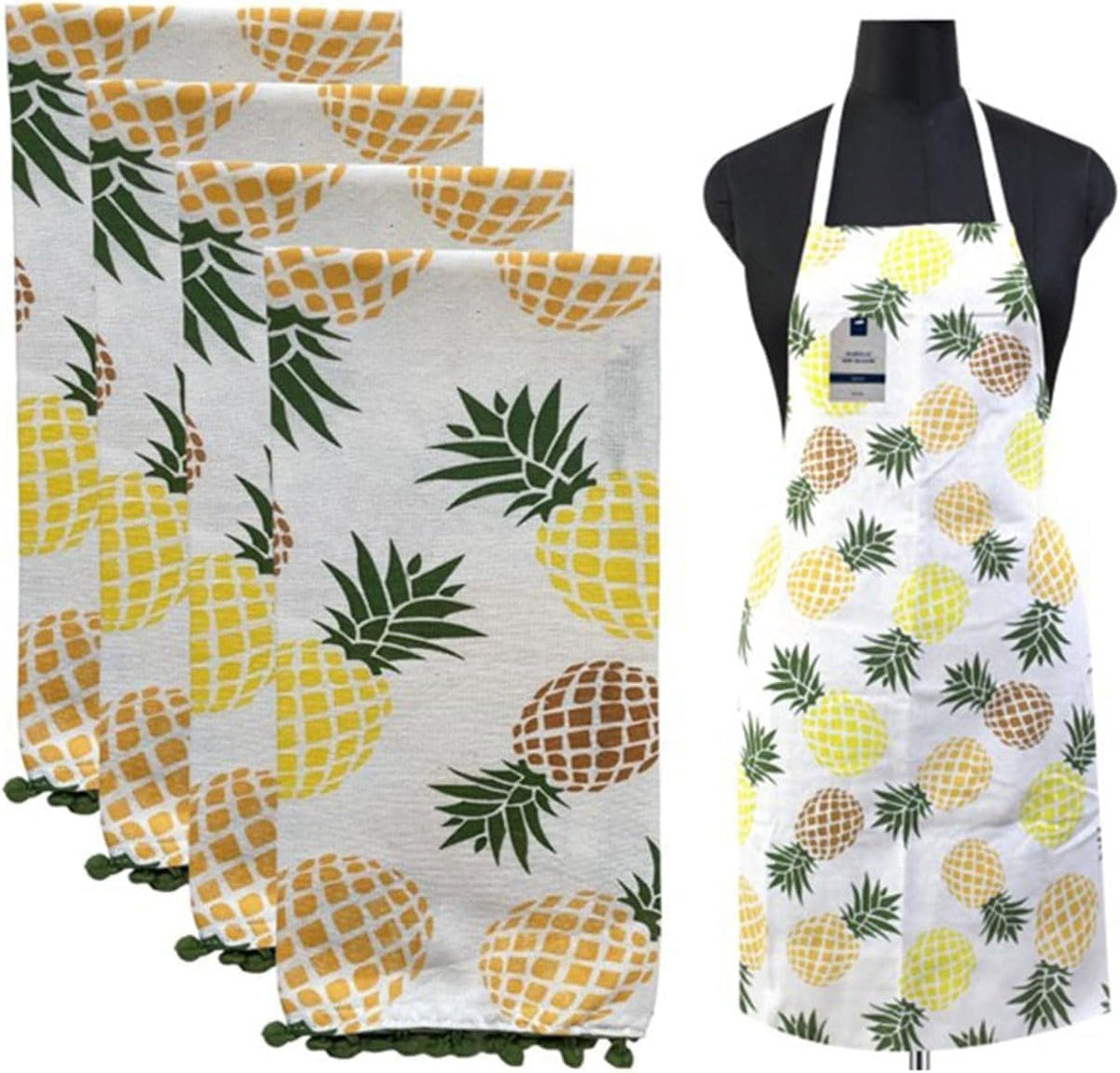 Set of 5, 100% Cotton Pineapple Theme 4 pom-pom Kitchen Towels Size: 16 x 28 Inch Plus Matching Apron Size: 19 x 30 Inch for Wedding, Baby Shower, Home Décor.