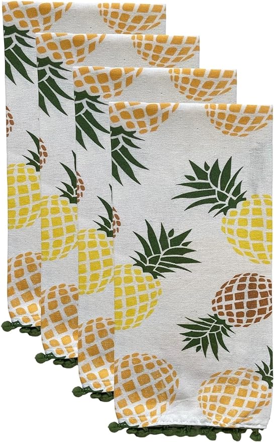 Set of 5, 100% Cotton Pineapple Theme 4 pom-pom Kitchen Towels Size: 16 x 28 Inch Plus Matching Apron Size: 19 x 30 Inch for Wedding, Baby Shower, Home Décor.