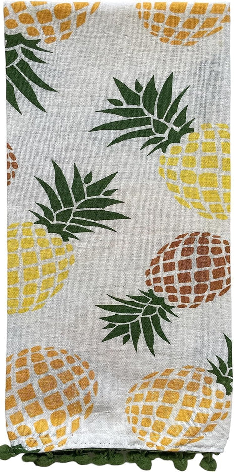 Set of 5, 100% Cotton Pineapple Theme 4 pom-pom Kitchen Towels Size: 16 x 28 Inch Plus Matching Apron Size: 19 x 30 Inch for Wedding, Baby Shower, Home Décor.