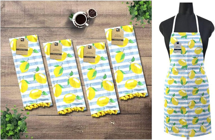 Set of 5, 100% Cotton Lemon Theme 4 pom-pom Kitchen Towels Size: 16 x 28 Inch Plus Matching Apron Size: 19 x 30 Inch for Wedding, Baby Shower, Home Décor.