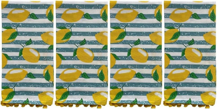 Set of 5, 100% Cotton Lemon Theme 4 pom-pom Kitchen Towels Size: 16 x 28 Inch Plus Matching Apron Size: 19 x 30 Inch for Wedding, Baby Shower, Home Décor.