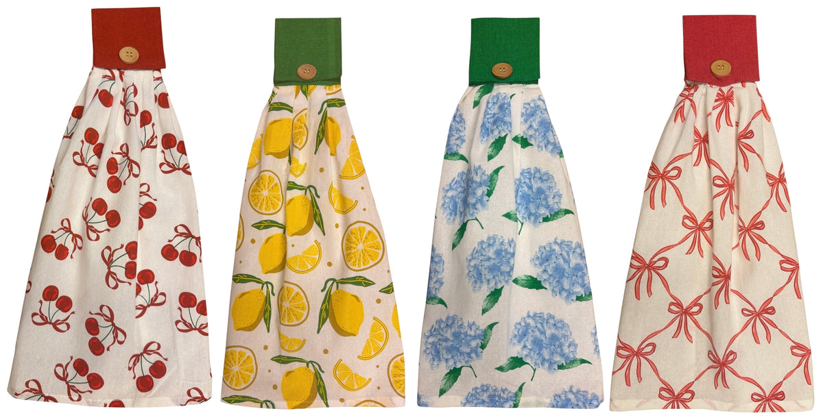 4-Pack Everyday Cotton Tie-Button Hanging Kitchen Towels Lemon Citrus, Cherry Orchard, Classic Ribbon, Blue Hydrangea, Super soft, Absorbent, and fast Dry. 16 x 18 x 3.5 Inch.