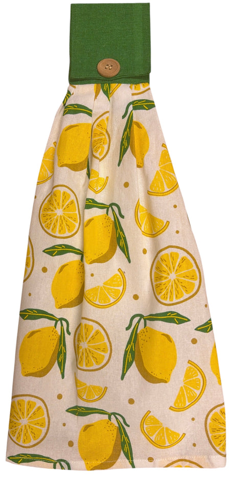 4-Pack Everyday Cotton Tie-Button Hanging Kitchen Towels Lemon Citrus, Cherry Orchard, Classic Ribbon, Blue Hydrangea, Super soft, Absorbent, and fast Dry. 16 x 18 x 3.5 Inch.