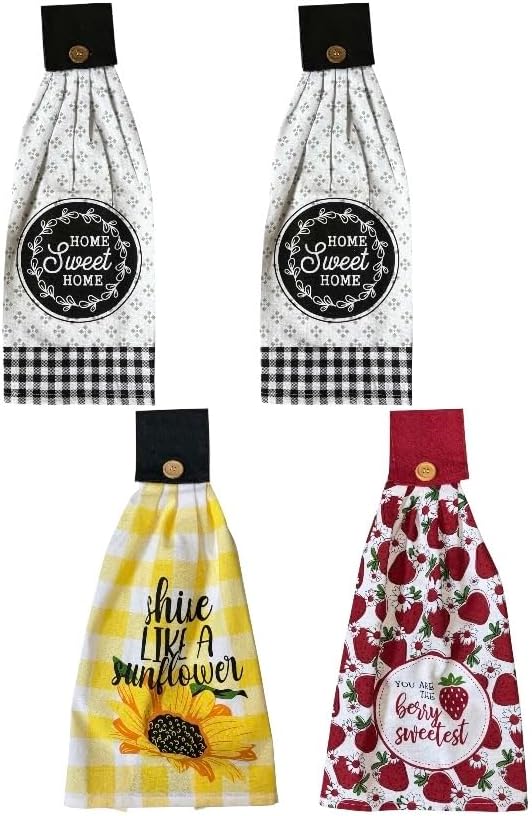 Four Pcs Hanging Tie Kitchen Towels with button , Bless this kitchen, Home sweet home, You are the berry sweetest, Shine like a sunflower Super soft, Absorbent, and fast Dry. 16 x 18 x 3.5 Inch.