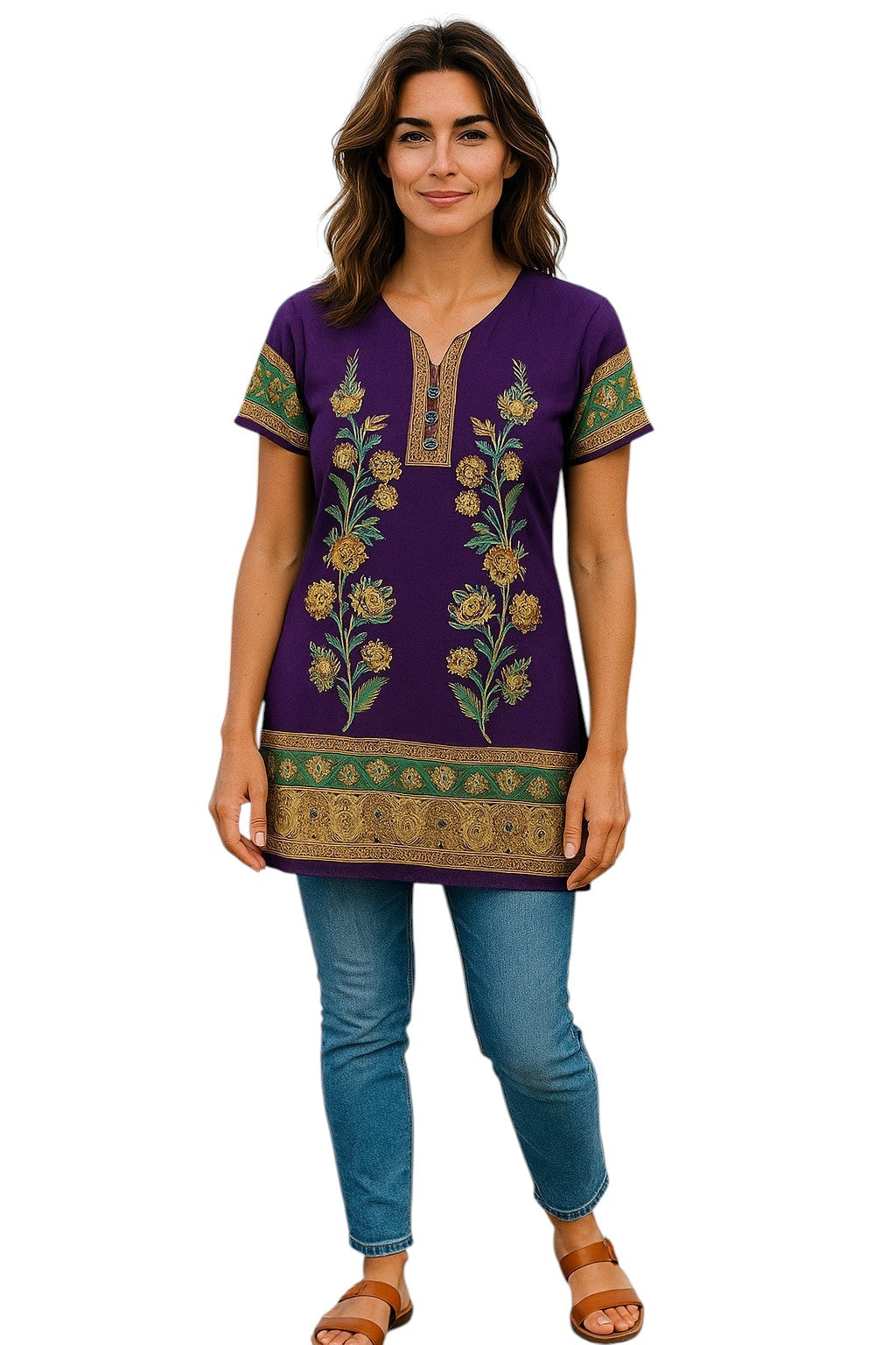 Indian Style Printed Kurtis for Women Short Crepe Kurti V-Neck, Short Sleeves Tunic Top Blouse. 3002-SS