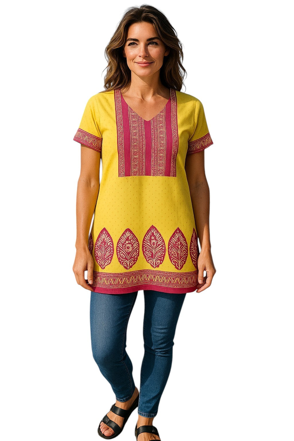 Indian Style Printed Kurtis for Women Short Crepe Kurti V-Neck, Short Sleeves Tunic Top Blouse. 3004-SS