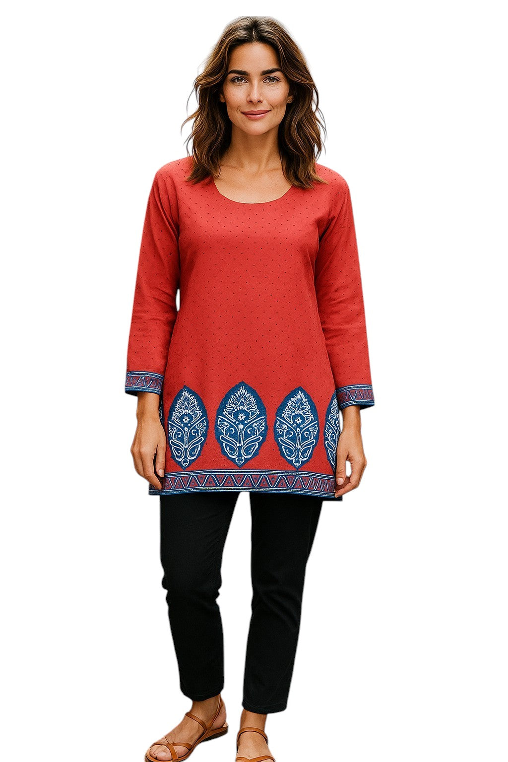 Tunic for Women Printed Short Crape Kurti Kurta Round Neck Long Sleeves Tunic Top. 3005-L
