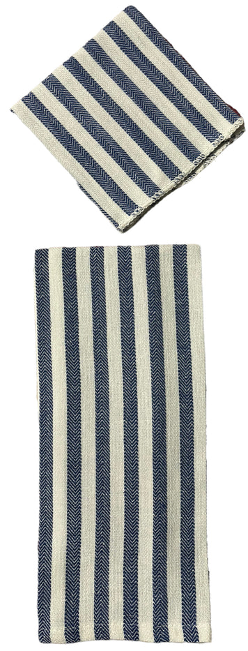 Set of 8, 100% Cotton 4 Ultra Absorbent Kitchen Towels with Blue Herringbone Waffle Stripes with Hanging Loops Size: 15 x 25 inch and 4 Dishcloths for Drying & Wiping Dishes Size: 12 x 12 Inch.