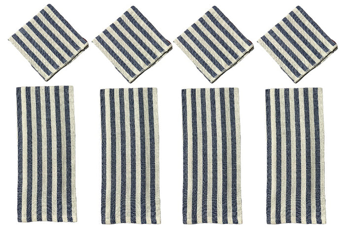 Set of 8, 100% Cotton 4 Ultra Absorbent Kitchen Towels with Blue Herringbone Waffle Stripes with Hanging Loops Size: 15 x 25 inch and 4 Dishcloths for Drying & Wiping Dishes Size: 12 x 12 Inch.