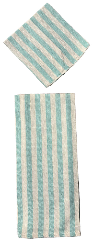 Set of 8, 100% Cotton 4 Ultra Absorbent Kitchen Towels with Blue Herringbone Waffle Stripes with Hanging Loops Size: 15 x 25 inch and 4 Dishcloths for Drying & Wiping Dishes Size: 12 x 12 Inch.