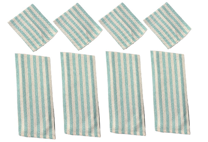 Set of 8, 100% Cotton 4 Ultra Absorbent Kitchen Towels with Blue Herringbone Waffle Stripes with Hanging Loops Size: 15 x 25 inch and 4 Dishcloths for Drying & Wiping Dishes Size: 12 x 12 Inch.