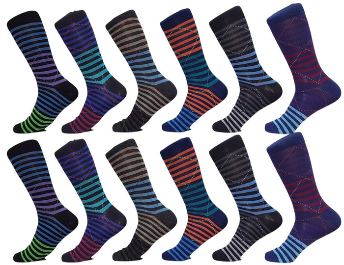 Men’s Colorful Casual Crew Dress Socks 12 Pack, Argyle, Striped, Solid Socks Size 10–13.