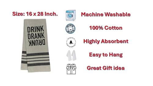 Drink Drank Drunk. 2 Pcs Flour Sack Kitchen Towels for Wedding, Baby Shower, Home Decor, or Housewarming 16 X 28 Inch.