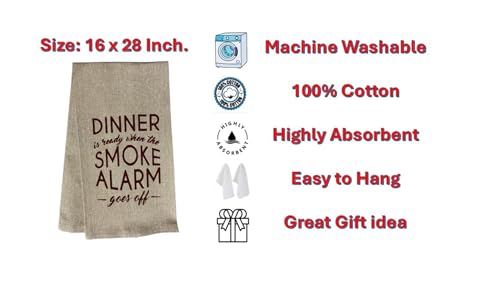 Dinner is Ready When The Smoke Alarm goes Off. Two-Piece Cotton Soft and Absorbent Funny Flour Sack Kitchen Towels Dish Cloths for Home Decor and Housewarming 15 X 25 Inches.