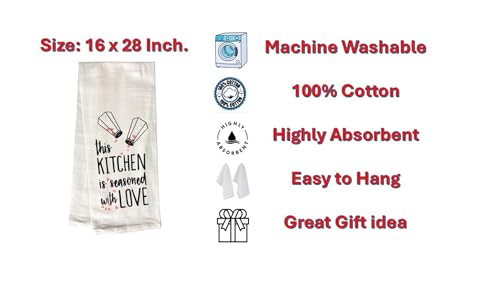 This Kitchen is Seasoned with Love, 2 Pcs Cotton Soft and Absorbent Funny Flour Sack Kitchen Towels Dish Cloths for Home Decor, and Housewarming 16 X 28 Inches.