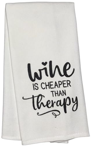 Wine is Cheaper Than Therapy, Two-Piece Cotton Funny Quotes Flour Sacks Kitchen Towel/Tea Towel are Soft and Absorbent, with a Hanging Loop Size 16 X 26 Inches.